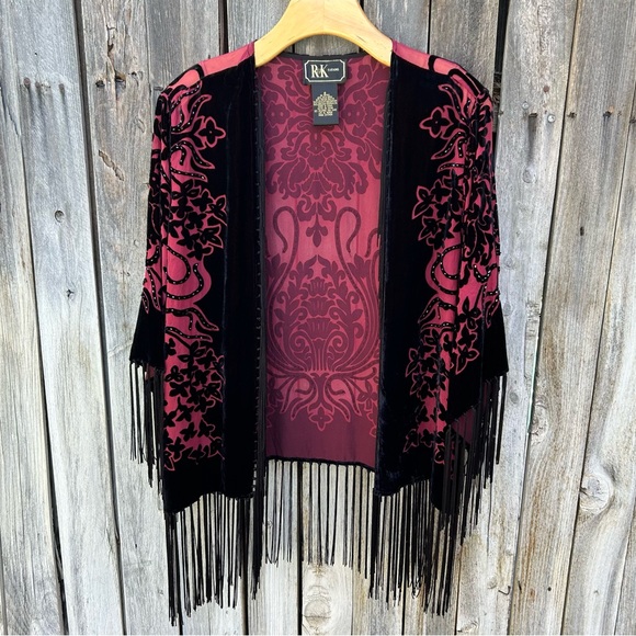 Vintage Y2K R&K Evening Silk Velvet Beaded Kimono Red Black S - Picture 17 of 17